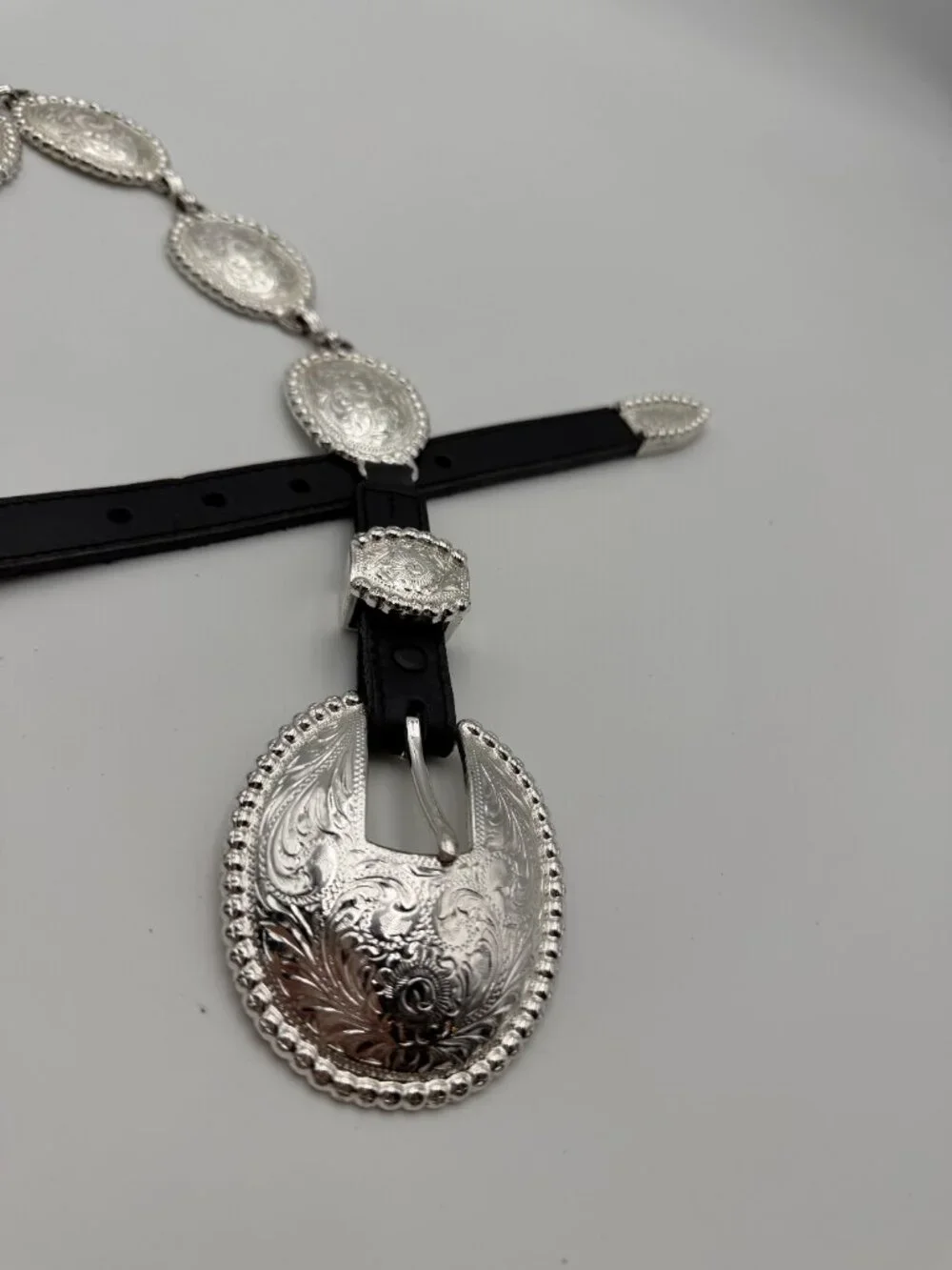 Tony Lama Black Leather Belt with Engraved Silver Conchos